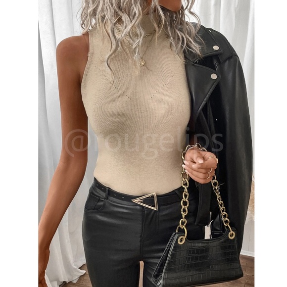 Tan Knit Sleeveless High Neck Top  Stretchy - Picture 2 of 8